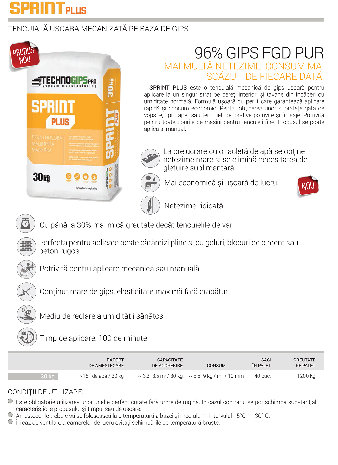Sprint Plus - Tencuila usoara mecanizata pe baza de gips Ambalaj: 30kg